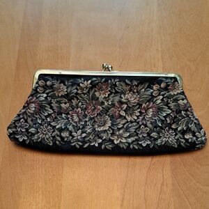 Vintage Floral Black Clutch Bag with snap closure. Gold colour frame.